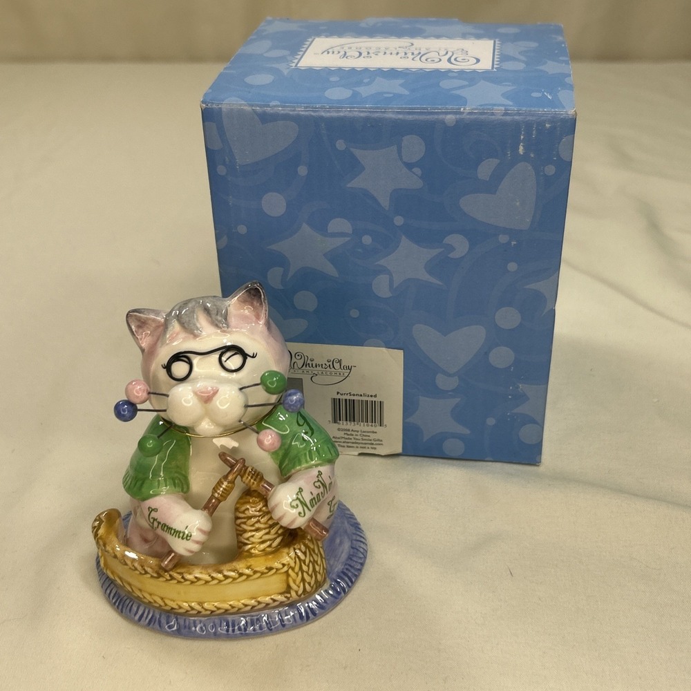 NIB WhimsiClay Amy LaCombe  Purrsonalized Grandma Cat Figurine Hip Cool Knitting